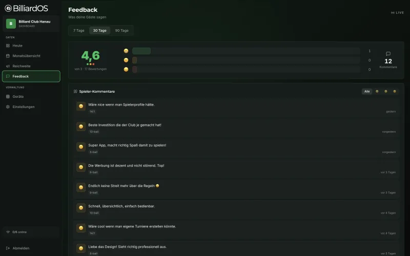 BilliardOS Admin – Feedback