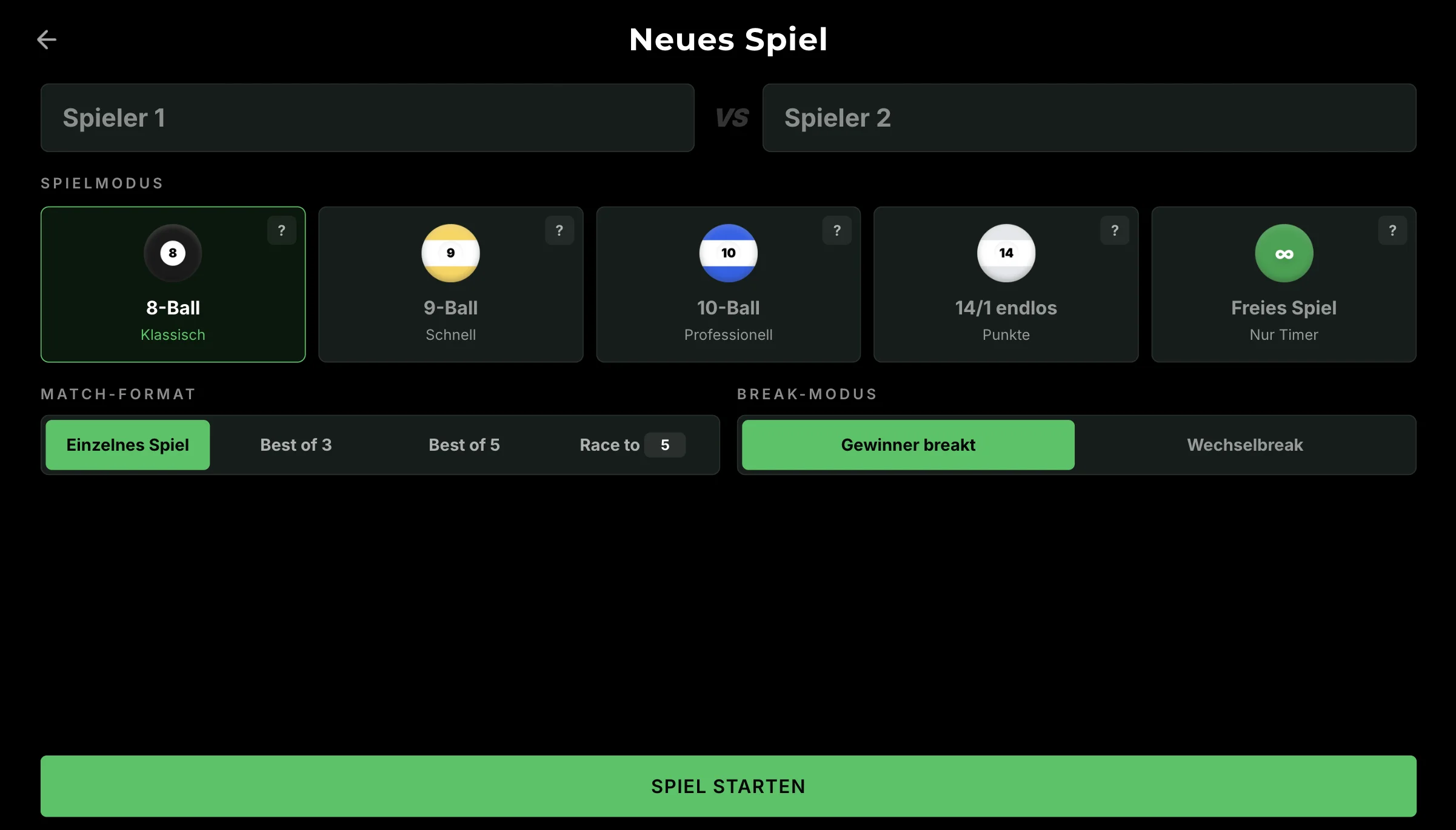 Thumbnail: BilliardOS Client – Spiel-Setup